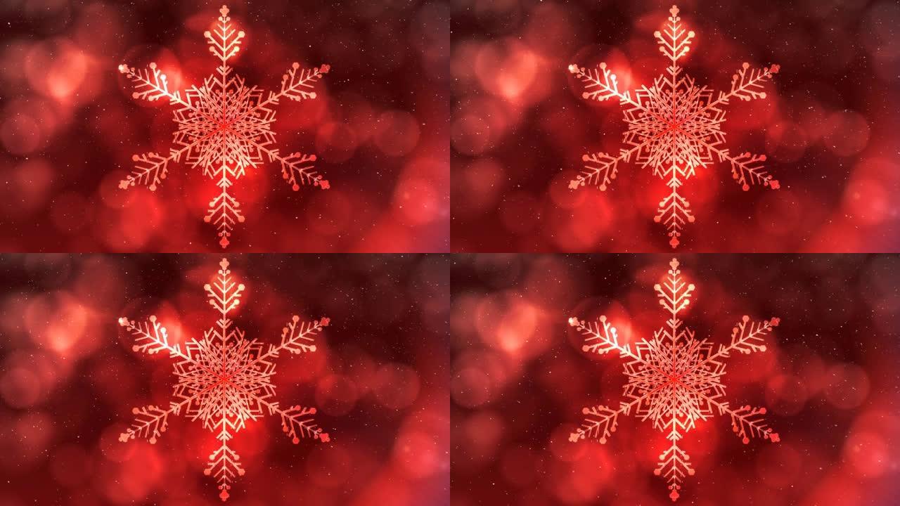 红色背景上的圣诞雪花装饰上的雪花飘落动画