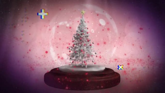 带有圣诞树的粉红色光在雪球上移动的动画