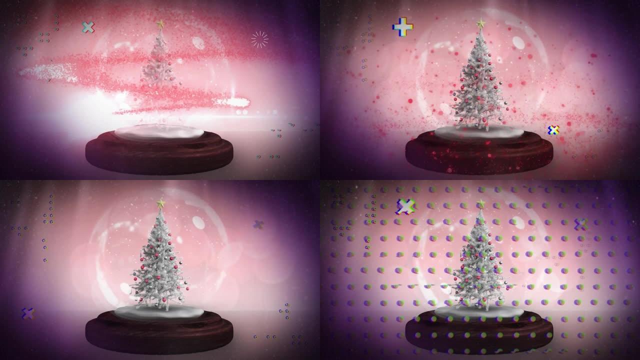 带有圣诞树的粉红色光在雪球上移动的动画