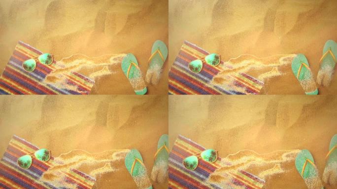 沙滩上有凉鞋和太阳镜的夏季景观