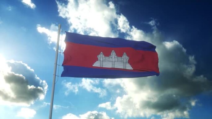 柬埔寨国旗迎风飘扬在美丽的蓝天下