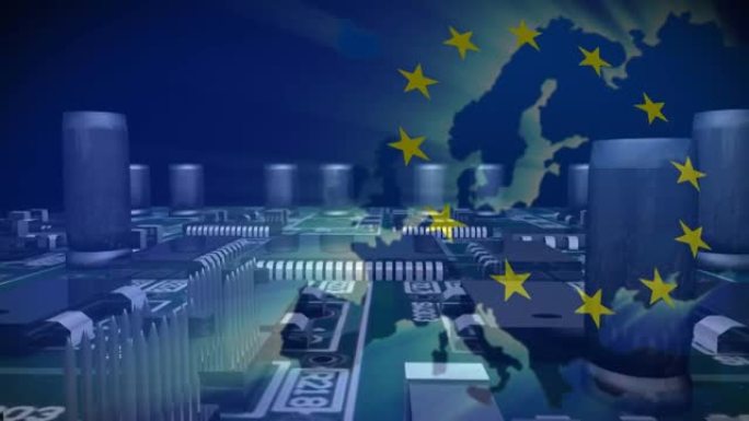 在发光地图和电脑主板上的欧盟旗帜动画