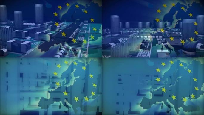 在发光地图和电脑主板上的欧盟旗帜动画
