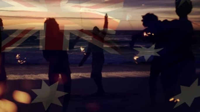 动画的澳大利亚旗帜在一群朋友在海滩上玩