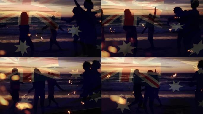 动画的澳大利亚旗帜在一群朋友在海滩上玩
