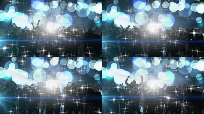 蓝色和白色bokeh的动画在黑色上跳舞的人群中出现斑点和闪烁的灯光