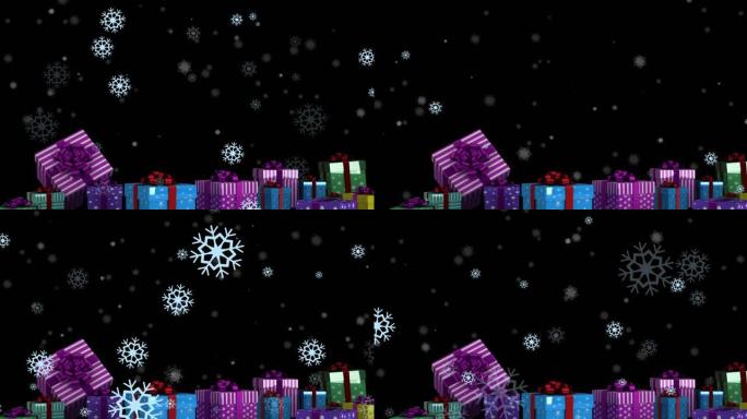 黑色背景和圣诞节冬季景观上的雪花飘落的动画