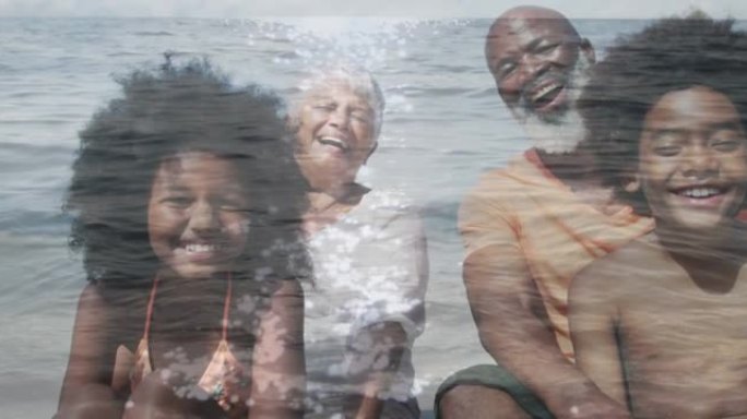 坐在海上海滩上的快乐非裔美国人家庭的动画