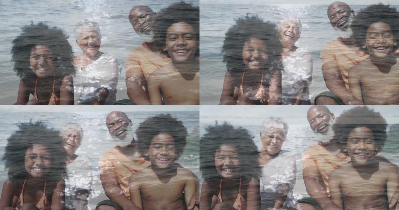 坐在海上海滩上的快乐非裔美国人家庭的动画