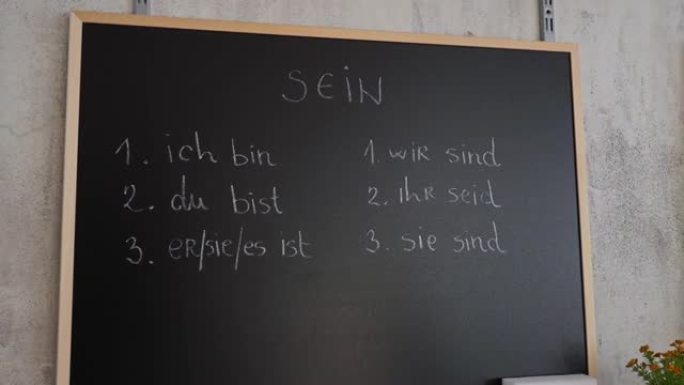写在黑板上的 “sein” 动词的现在时 (pr ä sens)