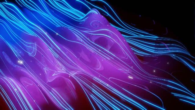 抽象的3D表面具有美丽的波浪，发光的火花和明亮的颜色渐变的蓝色紫色。波浪在非常有光泽，有光泽的表面上