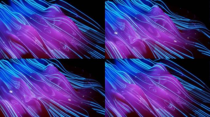 抽象的3D表面具有美丽的波浪，发光的火花和明亮的颜色渐变的蓝色紫色。波浪在非常有光泽，有光泽的表面上