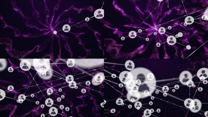 紫色烟雾小径上的数字人物图标连接网络动画