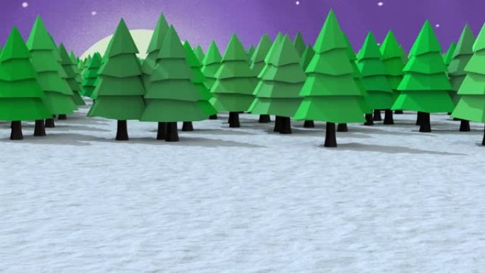 雪落在夜空中月亮的冬季景观上的多棵树上