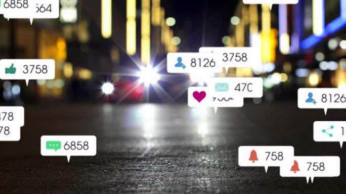 社交媒体图标和数字在焦点外的交通灯上的动画