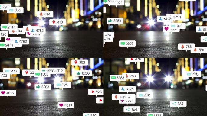 社交媒体图标和数字在焦点外的交通灯上的动画