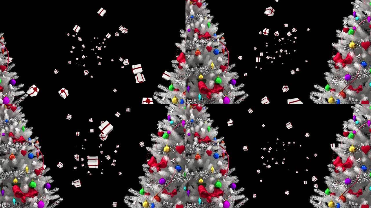 两个白色圣诞树和多个圣诞礼物图标落在黑色背景下