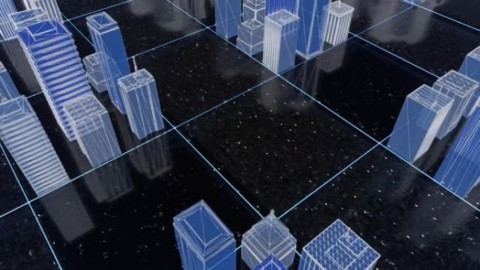 抽象数字市中心明亮美丽的霓虹灯线框，黑色背景上有摩天大楼。动画。数字技术和商业概念，城市街道的3d模