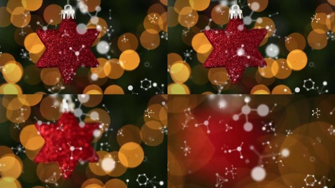 网络动画漂浮在红星圣诞树装饰上，后面有散景灯