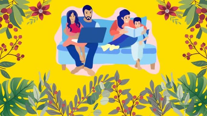 用笔记本电脑和植物阅读的家庭坐在沙发上的插图动画