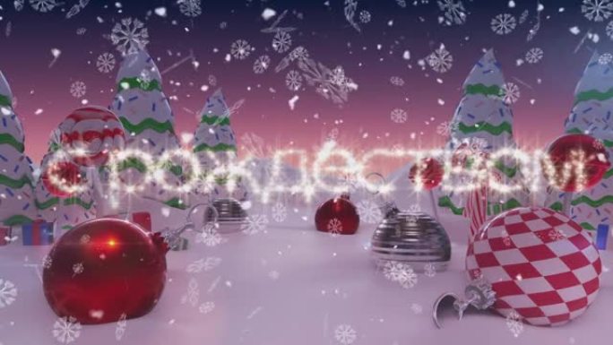 俄语文本中的圣诞快乐，冬天风景上的圣诞装饰品上飘落的雪