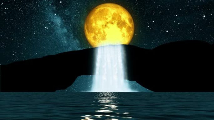 美丽的夜晚幻想，山景、瀑布和满月
