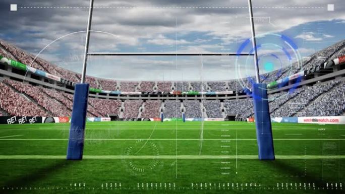 在体育场球场上的橄榄球门柱上进行扫描仪动画和处理数据