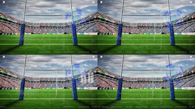在体育场球场上的橄榄球门柱上进行扫描仪动画和处理数据