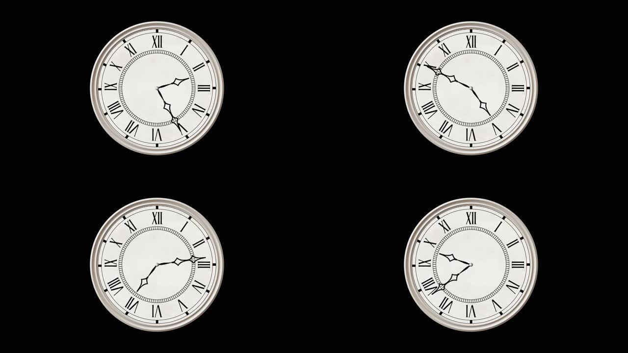 老式挂钟动画，无缝循环，24秒内完整的12小时周期。阿尔法通道包括
