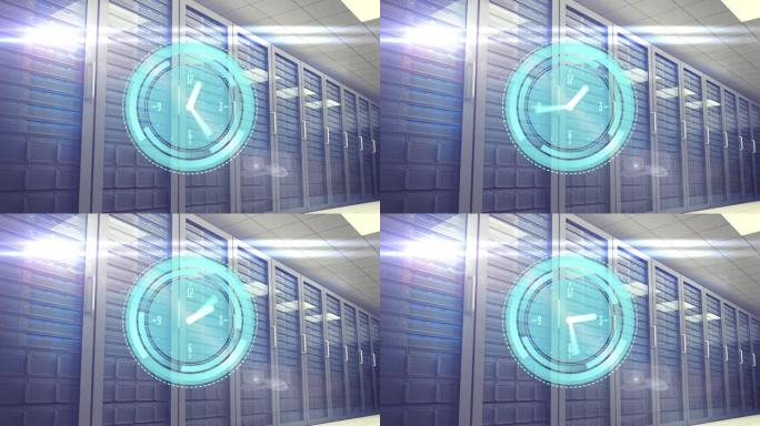 时钟在技术室的计算机服务器上快速移动的动画