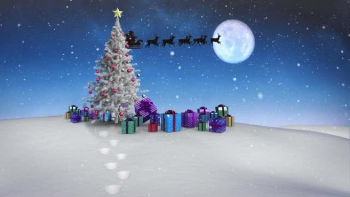 圣诞老人在雪橇上的雪花，圣诞树和冬季景观上的动画