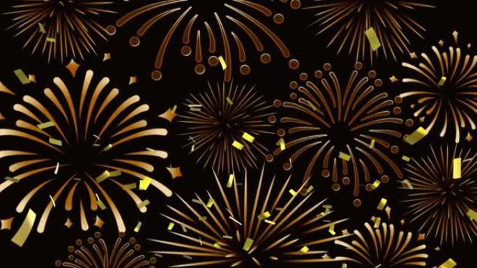 黑色背景上金色五彩纸屑的动画圣诞节和新年烟花