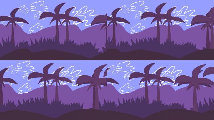 夏日日落紫色景观，云雾和棕榈树