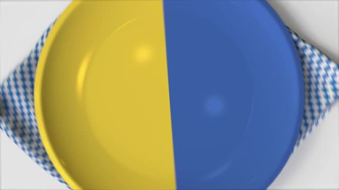带有乌克兰国旗的盘子的俯视图，国家美食概念动画