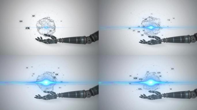 机器人手臂手处理数据网络动画，灰色背景上有蓝光