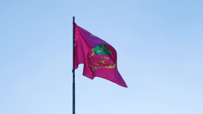 蓝色天空映衬着扎波罗热市的粉红色旗帜。