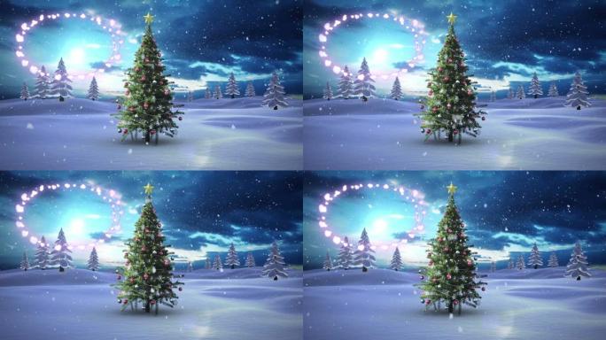 冬季景观上飘落在圣诞树上的雪花上的装饰性闪亮灯光