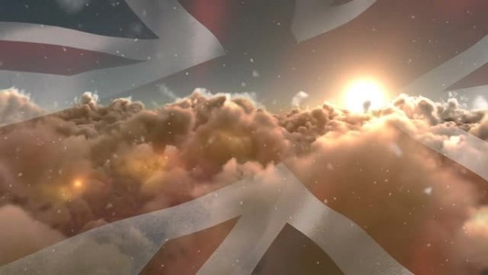 英国国旗在夕阳和白云中飘扬的动画