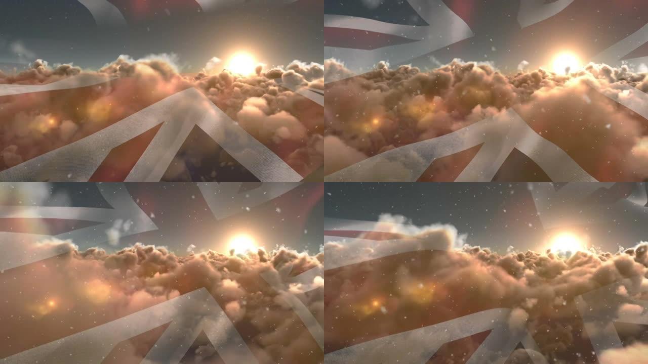 英国国旗在夕阳和白云中飘扬的动画