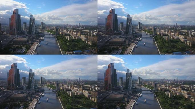 俄罗斯阳光明媚的夏日现代莫斯科市河空中全景4k