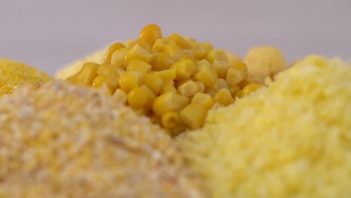 特写。玉米产品。玉米粉、谷类、颗粒、薄片