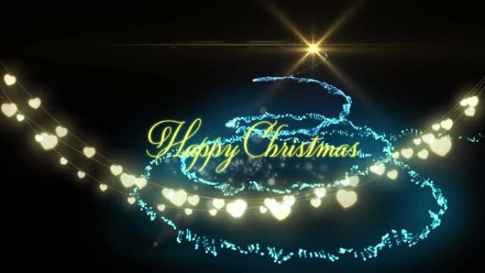 童话灯光和圣诞树上的快乐圣诞节文本动画