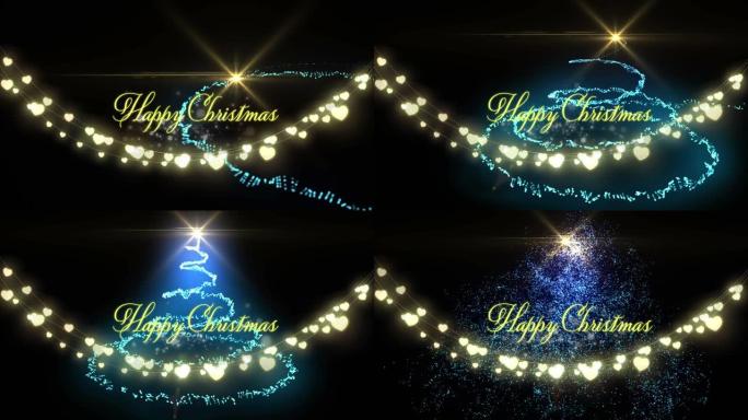 童话灯光和圣诞树上的快乐圣诞节文本动画