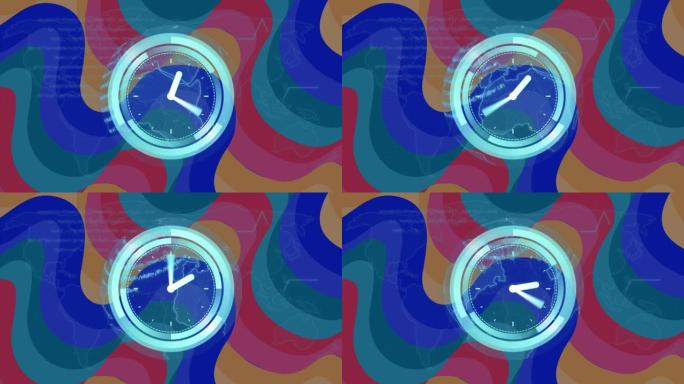 带有时钟面的扫描仪的动画在球形和数据上，在弯曲的条纹上