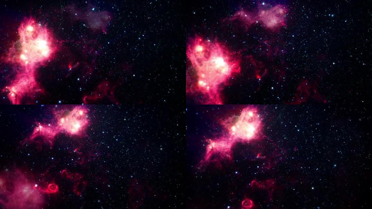 抽象的循环太空飞行飞向太空中神秘的辉光红色星云。太空探索辉光星云星系。4K 3D插图无缝循环科幻太空