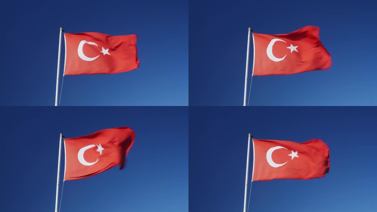 土耳其的国家标志。土耳其国旗在旗杆上迎风飘扬