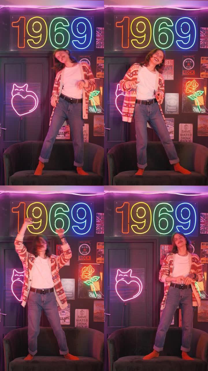 霓虹灯和复古风格迪斯科 -- 千禧一代男子跳舞和跳跃