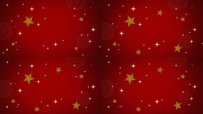 红色背景上的圣诞节和新年白色和金色星星的动画
