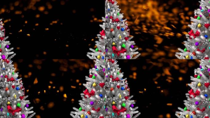 黑色背景下橙色颗粒上的两棵白色圣诞树