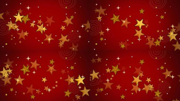 红色背景上金色和白色圣诞星星和白色光点的动画